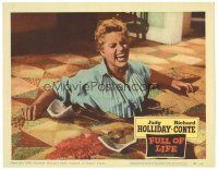 9d412 FULL OF LIFE LC #6 '57 wacky close up of Judy Holliday after falling through the floor!