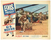 9d416 G.I. BLUES LC #4 '60 smiling soldier Elvis Presley standing next to tanks!