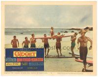 9d423 GIDGET LC #3 '59 James Darren, Cliff Robertson & surfers carry Sandra Dee on surfboard!