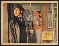 9d527 JESSE JAMES LC R46 Nancy Kelly stands behind Tyrone Power wearing hat & trench coat!