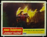 9d535 JOHNNY GUITAR LC #3 '54 Joan Crawford & Sterling Hayden escape fire, Nicholas Ray