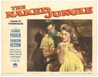 9d637 NAKED JUNGLE LC #4 '54 Charlton Heston helps sexy Eleanor Parker get dressed, George Pal