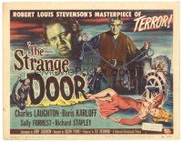 9d139 STRANGE DOOR TC '51 cool art of chained Boris Karloff, Charles Laughton & sexy Sally Forrest!