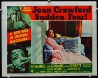 9d840 SUDDEN FEAR LC #2 '52 Joan Crawford in nightgown terrified on couch!