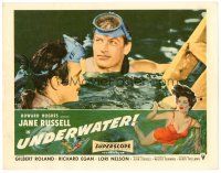 9d926 UNDERWATER LC '55 Richard Egan & Gilbert Roland in the water, Jane Russell border art!