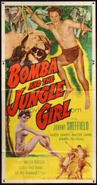 9f539 BOMBA & THE JUNGLE GIRL 3sh '53 great c/u of Johnny Sheffield with spear & sexy Karen Sharpe!