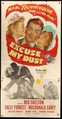 9f586 EXCUSE MY DUST 3sh '51 art of Red Skelton being kissed by two pretty girls!