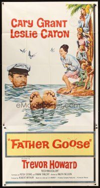 9f590 FATHER GOOSE 3sh '65 art of pretty Leslie Caron laughing at sea captain Cary Grant!