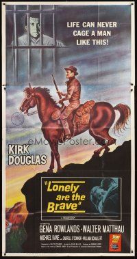 9f665 LONELY ARE THE BRAVE 3sh '62 different art of Kirk Douglas classic, life can never cage him!