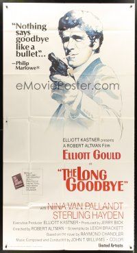 9f668 LONG GOODBYE int'l 3sh '74 cool artwork of Elliott Gould as Philip Marlowe, film noir!