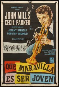 9f180 IT'S GREAT TO BE YOUNG Argentinean '56 cool art of music teacher John Mills playing trumpet!