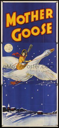 9f689 MOTHER GOOSE stage play English 3sh '30s stone litho art of mom holding broom & riding goose!