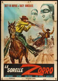 9f268 AVENTURAS DE LAS HERMANAS X Italian 1p '63 cool artwork of cowboys & female Zorro sisters!