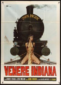 9f405 NAKED IN THE SUN Italian 1p R70s wild art of naked Native American girl tied on train tracks!