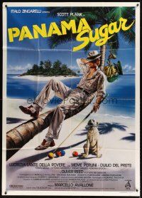 9f416 PANAMA SUGAR Italian 1p '90 great artwork of man lounging on palm tree with pool cue!
