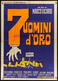 9f445 SEVEN GOLDEN MEN Italian 1p '65 Mario Vicario's Sette uomini d'oro, cool bank robbery art!
