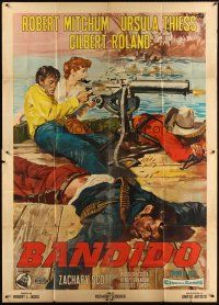 9f040 BANDIDO Italian 2p R1960s Ciriello art of Robert Mitchum & Thiess with huge maghine gun!