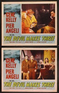 9g476 DEVIL MAKES THREE 7 LCs '52 Gene Kelly, Richard Egan, Pier Angeli, she's been mixed up before!
