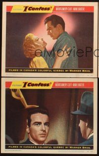 9g759 I CONFESS 3 LCs '53 Alfred Hitchcock, best close up of priest Montgomery Clift & Anne Baxter!