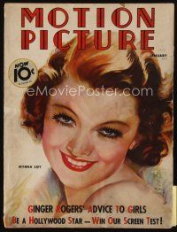 9h142 MOTION PICTURE magazine January 1936 wonderful art of beautiful Myrna Loy by Morr Kusnet!
