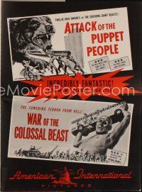 9h397 ATTACK OF THE PUPPET PEOPLE/WAR OF COLOSSAL BEAST pressbook '58 Bert I. Gordon double bill!