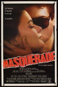 9k468 MASQUERADE 1sh '88 super close up of Rob Lowe wearing sunglasses with Meg Tilly!