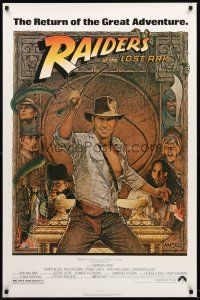 9k588 RAIDERS OF THE LOST ARK 1sh R80s great art of adventurer Harrison Ford by Richard Amsel!