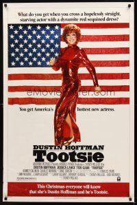 9k730 TOOTSIE advance 1sh '82 full-length Dustin Hoffman in drag by American flag!