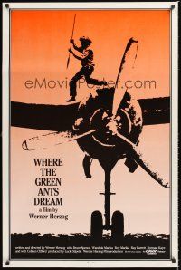 9k781 WHERE THE GREEN ANTS DREAM arthouse 1sh '84 Werner Herzog, cool image of Aborigine on plane!