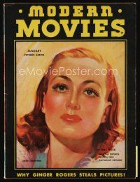 9m152 MODERN MOVIES magazine January 1938 cool artwork portrait of Joan Crawford by Morr Kusnet!