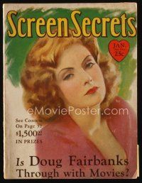 9m149 SCREEN SECRETS magazine Jan 1929 c/u of Greta Garbo, Is Doug Fairbanks Through with Movies!