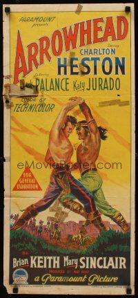 9p460 ARROWHEAD Aust daybill '53 Richardson Studio art of Charlton Heston fighting Jack Palance!