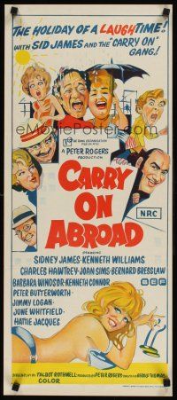 9p540 CARRY ON ABROAD Aust daybill '72 Sidney James, Kenneth Williams, sexy stone litho art!
