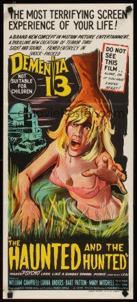 9p595 DEMENTIA 13 Aust daybill '63 Francis Ford Coppola, Roger Corman, art of sexy girl attacked!