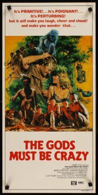 9p652 GODS MUST BE CRAZY Aust daybill '84 Jamie Uys comedy about native African tribe, Mascii art!