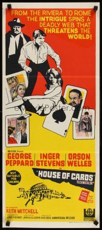 9p692 HOUSE OF CARDS Aust daybill '69 George Peppard, Orson Welles, cool playing card art!
