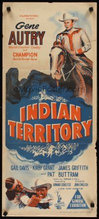 9p712 INDIAN TERRITORY Aust daybill '50 cool art of Gene Autry riding Champion the Wonder Horse!