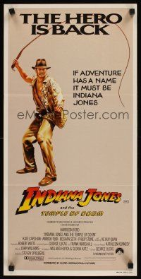 9p715 INDIANA JONES & THE TEMPLE OF DOOM Aust daybill '84 art of Harrison Ford, the hero is back!