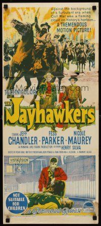 9p724 JAYHAWKERS Aust daybill '59 Richardson Studio art of cowboys, Jeff Chandler, Fess Parker!