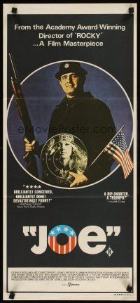 9p725 JOE Aust daybill '70 Peter Boyle w/shotgun, American flag, and hippie target, drugs!