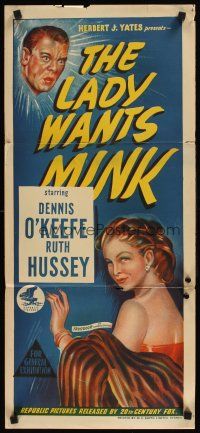 9p746 LADY WANTS MINK Aust daybill '52 art of Dennis O'Keefe & sexy Ruth Hussey in fur!