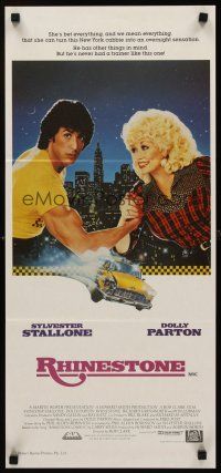 9p841 RHINESTONE Aust daybill '84 cab driver Sylvester Stallone arm wrestles Dolly Parton!
