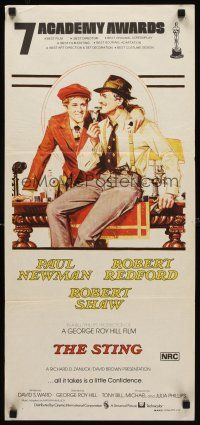 9p892 STING Aust daybill '74 best artwork of con men Paul Newman & Robert Redford by Richard Amsel