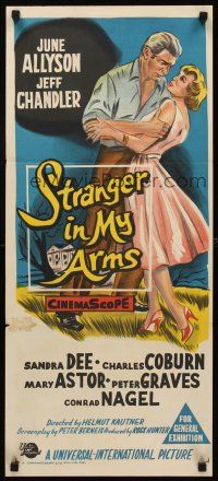 9p896 STRANGER IN MY ARMS Aust daybill '59 art of Jeff Chandler holding pretty June Allyson!