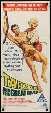 9p910 TARZAN & THE GREAT RIVER Aust daybill '67 stone litho of Mike Henry swinging with sexy girl!