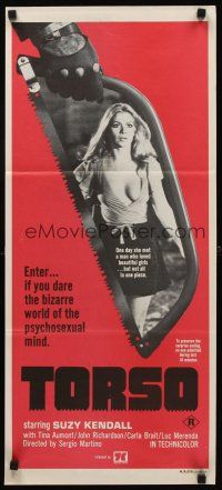 9p937 TORSO Aust daybill '73 cool horror image of sexy Suzy Kendall, bizarre psychosexual minds!