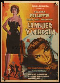 9p041 LA MUJER Y LABESTIA Mexican poster '59 sexy full-length Ana Luisa Peluffo, Carlos Cores!
