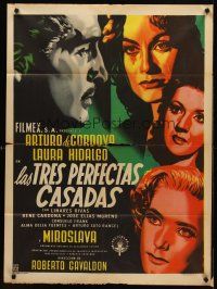 9p043 LAS TRES PERFECTAS CASADAS Mexican poster '52 Renau art of Arturo de Cordova & pretty women!