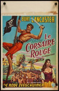 9t630 CRIMSON PIRATE Belgian '52 great image of barechested Burt Lancaster swinging on rope!