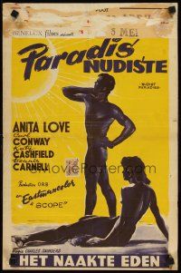 9t730 NATURE'S PARADISE Belgian '58 Nudist Paradise, original version, cool art of nude couple!